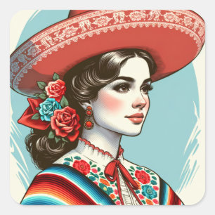 Sticker Carré Fête vintage Fiesta Sombrero Party Favoriser