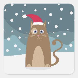 Sticker Carré Fêtes de Noël d'hiver père Noël cat