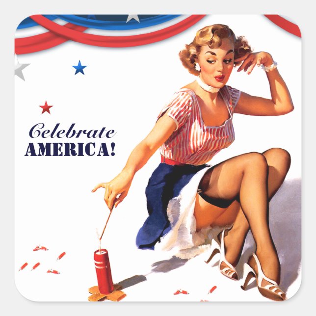 Sticker Carré Fêtez l'Amérique. 4 juillet Retro Pin up (Devant)