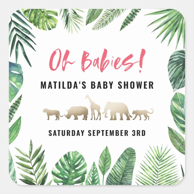 Sticker Carré Feuillage tropical + animaux d'or baby shower (Devant)