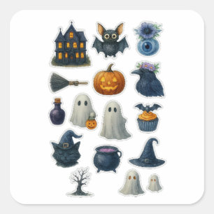 Sticker Carré Feuille d'autocollant d'Halloween à l'aquarelle