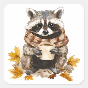 Sticker Carré Feuilles d'automne confortable raccoon avec tasse 