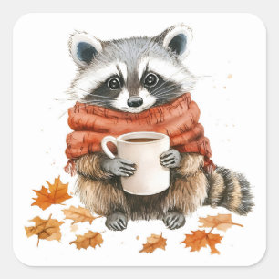 Sticker Carré Feuilles d'automne douillette automne raccoon avec
