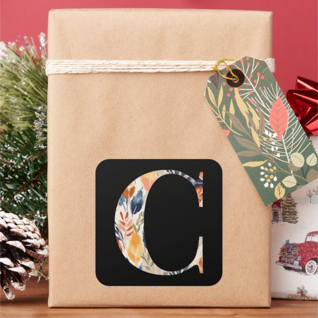 Sticker Carré Feuilles d'automne Lettre modèle C Noir initial (vacances)