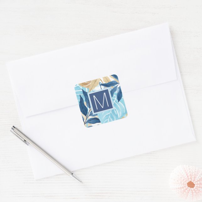 Sticker Carré Feuilles de la Jungle Bleue (Enveloppe)