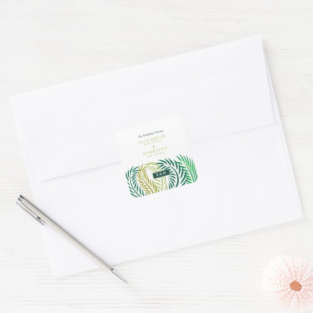 Sticker Carré Feuilles de palmiers tropicaux, Mariage de plage (Enveloppe)