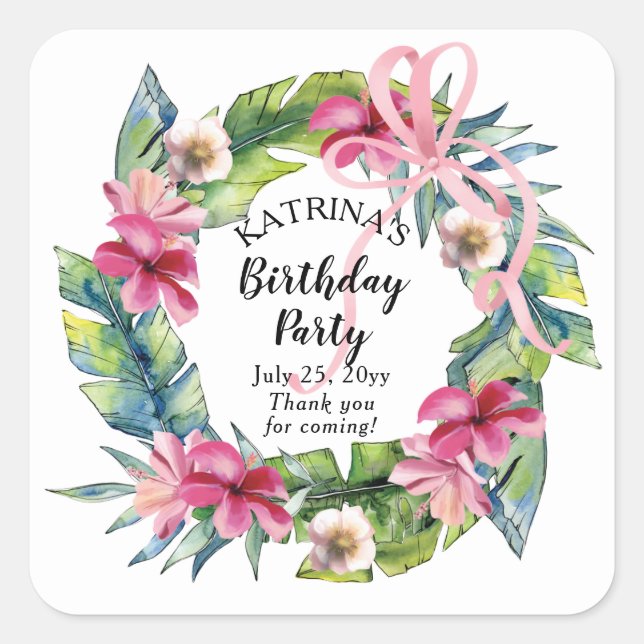Sticker Carré Feuilles tropicaux | Fête d'anniversaire rose (Devant)