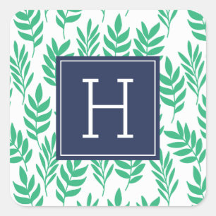 Sticker Carré Feuilles verts et Monogramme bleu