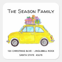 Fiat 500 Retro Jaune avec cadeaux de Noël