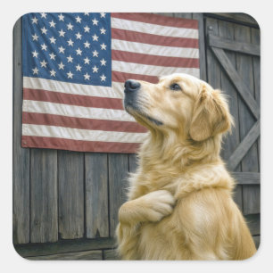 Sticker Carré Fière Golden Retriever avec drapeau américain