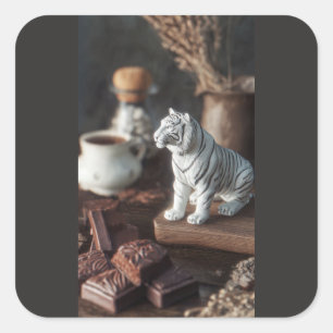 Sticker Carré Figurine de Tigre Blanc – Chocolat Rustique & Café