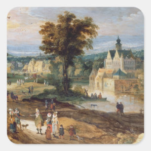 Sticker Carré Figurines dans un paysage avec village et bey chât