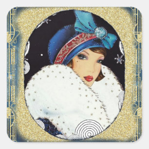 Sticker Carré Fil de Noël Fille Grosse fourrure blanche