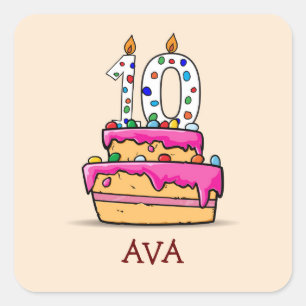 Sticker Carré Fille 10e anniversaire, 10 ans sur un gâteau rose