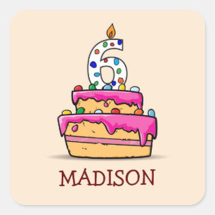 Sticker Carré Fille 6 Anniversaire, 6 sur Gâteau rose doux