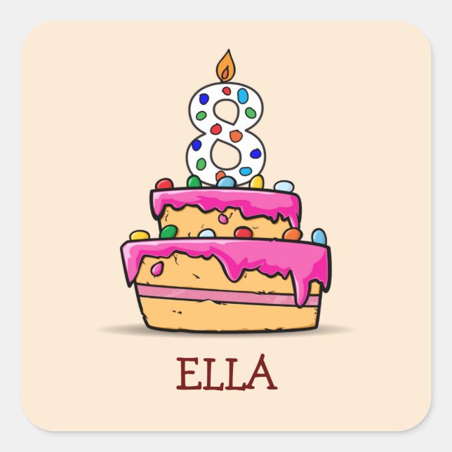 Sticker Carré Fille 8e anniversaire, 8 sur Gâteau rose doux (Devant)
