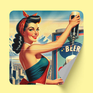 Sticker Carré Fille à bière rétro