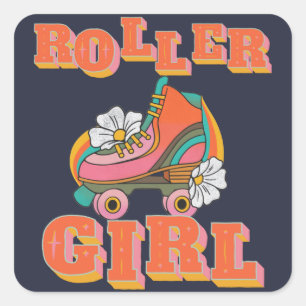 Sticker Carré fille à rollers patin à roulettes vintage