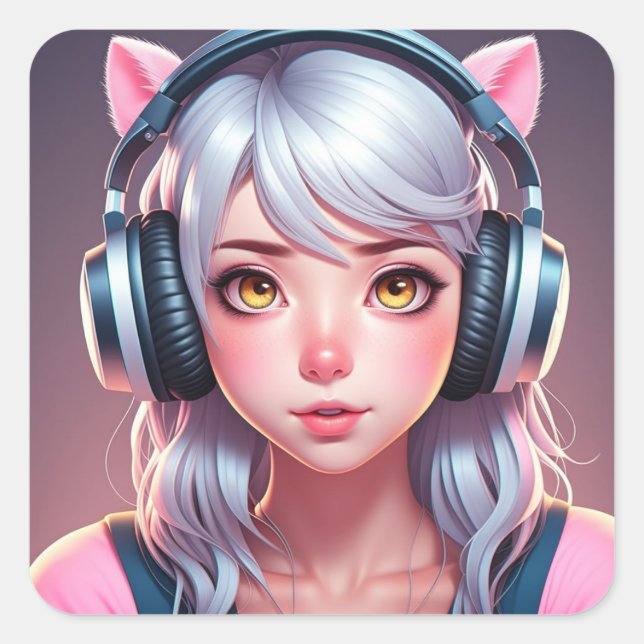 Sticker Carré Fille Anime avec oreilles et casques de fureur (Devant)