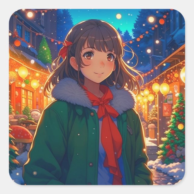 Sticker Carré Fille Anime Lumières de Noël (Devant)
