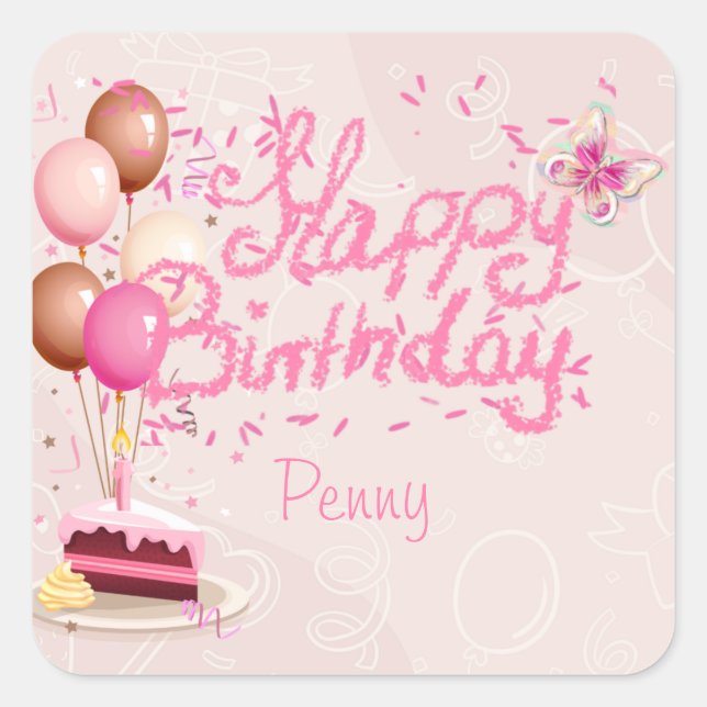 Sticker Carré Fille Anniversaire Fête Rose Personnalisé (Devant)