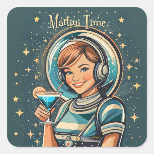 Sticker Carré Fille Astro Rétro Futuriste Temps Martini