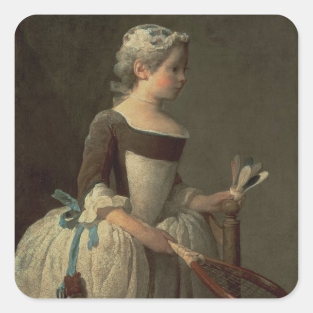 Sticker Carré Fille avec la raquette et le chiot (Devant)