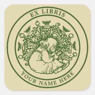 Sticker Carré Fille Avec Livre & Cat Ex Libris Modèle