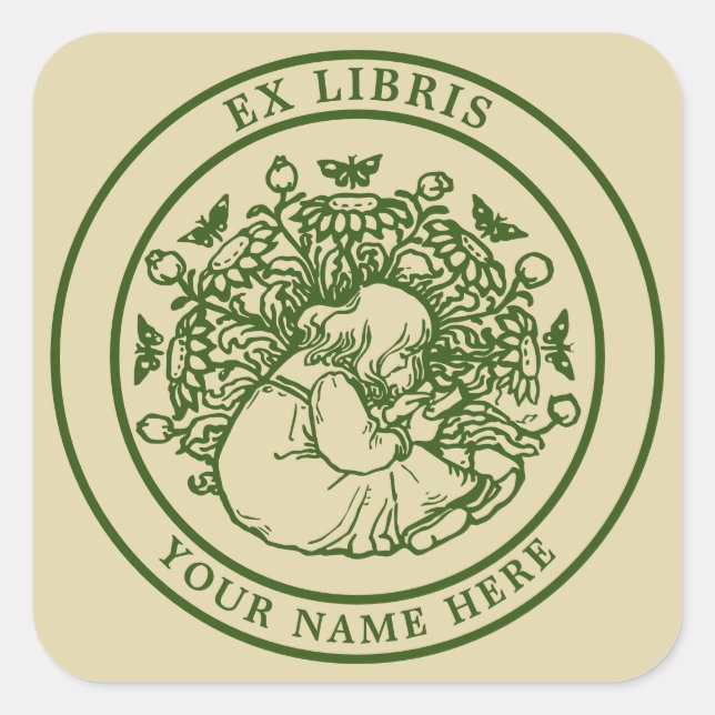 Sticker Carré Fille Avec Livre & Cat Ex Libris Modèle (Devant)