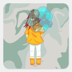 Sticker Carré Fille avec parapluie dans le vent pluie verte