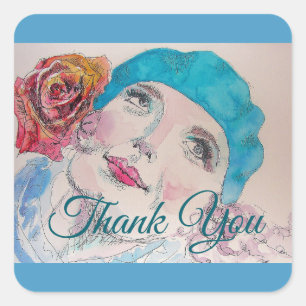 Sticker Carré Fille avec Rose rouge Beret Aquarelle