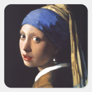 Sticker Carré Fille avec une oreille perle, par Vermeer