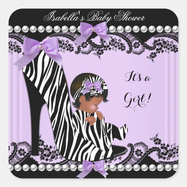 Sticker Carré Fille Baby shower afro-américaine Zebra Purple (Devant)