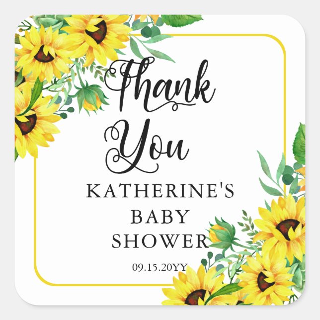 Sticker Carré Fille Baby shower Boho tournesol Merci (Devant)