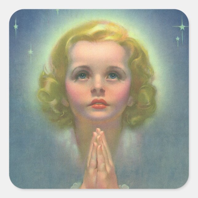 Sticker Carré Fille blonde angélique avec halo et étoiles priant (Devant)