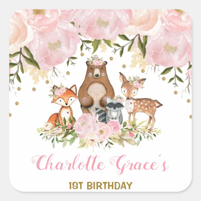 Sticker Carré Fille Blush Woodland Anniversaire Fête Florale Fav (Devant)