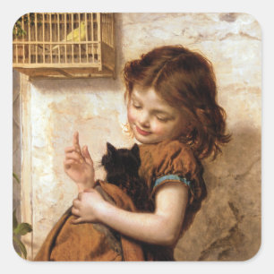 Sticker Carré Fille, chat de Kitty et oiseau - peinture vintage