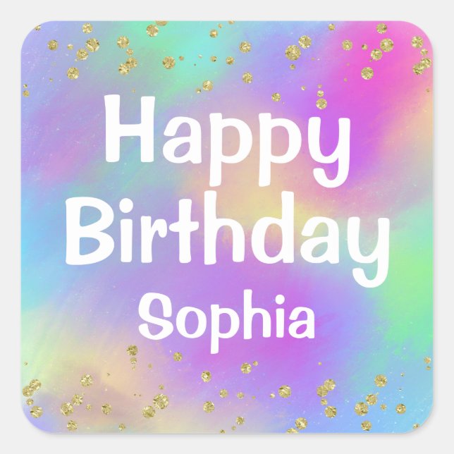 Sticker Carré Fille colorée Joyeux Anniversaire Unicorn Parties  (Devant)