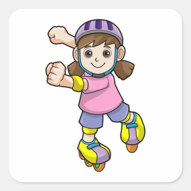 Sticker Carré Fille comme patineur avec patins et casque (Devant)