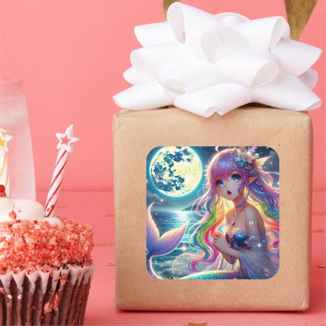 Sticker Carré Fille d'anime chantant clair de lune pixie mermaid (Fête)