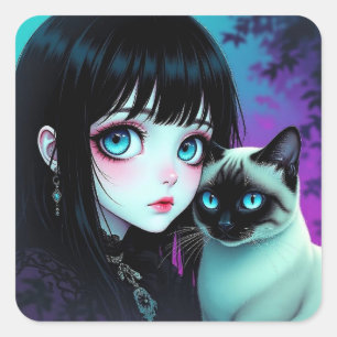 Sticker Carré Fille d'anime et chat siamois