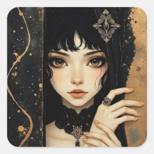 Sticker Carré Fille d'anime gothique noir et or