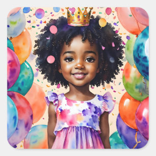 Sticker Carré Fille d'anniversaire avec la peau Brown Princesse 