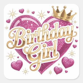 Sticker Carré Fille d'anniversaire Paillettes Cœur