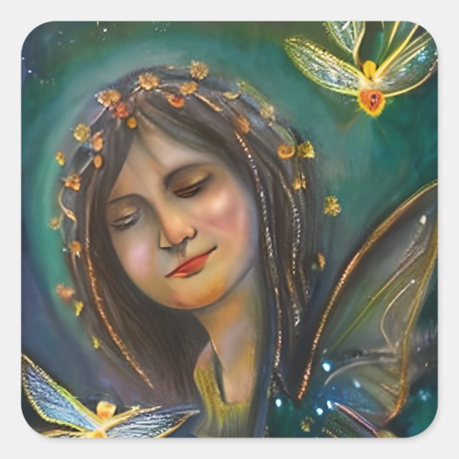 Sticker Carré Fille de fée éthérée et papillon d'or (Devant)