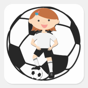 Sticker Carré Fille de football 3 et balle noir et blanc