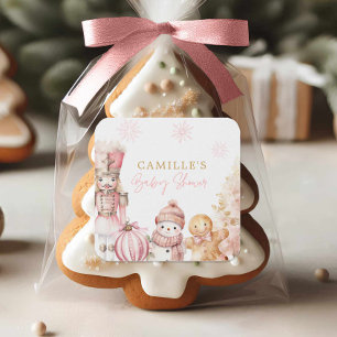 Sticker Carré Fille de Noël Rose Baby Shower
