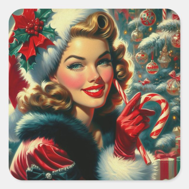 Sticker Carré Fille de Noël Vintage (Devant)