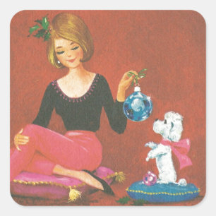 Sticker Carré Fille de Noël Vintage au canard français