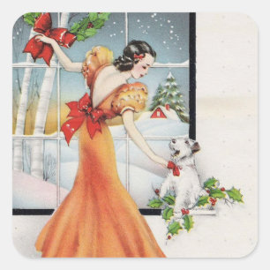 Sticker Carré Fille De Noël Vintage Par Une Fenêtre Avec Son Chi